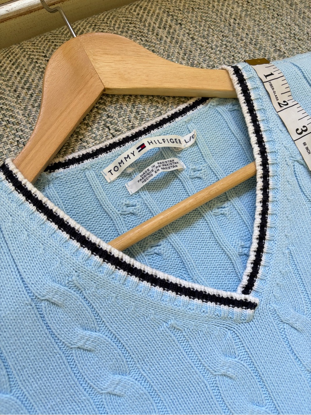 Tommy Hilfiger Pale Blue Cable-Knit V-Neck Sweater with Navy Trim-00B - Picture 9 of 9